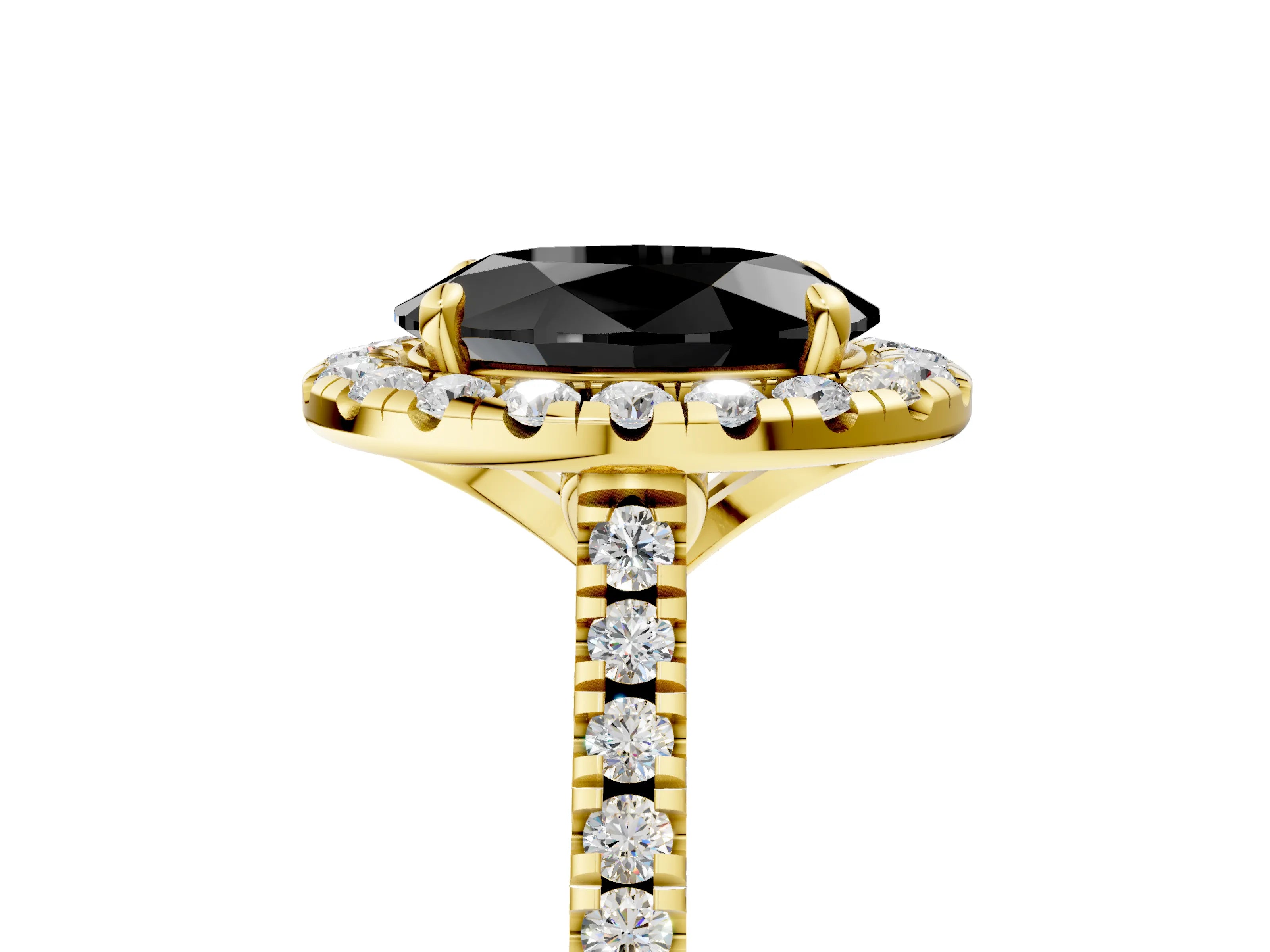 Yellow gold Fancy Black Oval Cut Diamond Cushion Halo Ring with Pavé Band_5