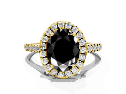 Yellow gold Fancy Black Oval Cut Diamond Cushion Halo Ring with Pavé Band