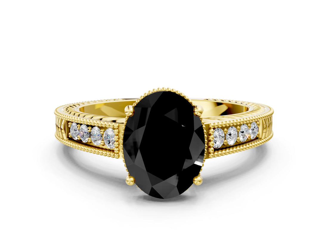 Yellow gold Fancy Black Oval Cut Diamond Engagement Ring with Milgrain Channel Set Band and Prong Setting