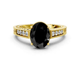 Yellow gold Fancy Black Oval Cut Diamond Engagement Ring with Milgrain Channel Set Band and Prong Setting