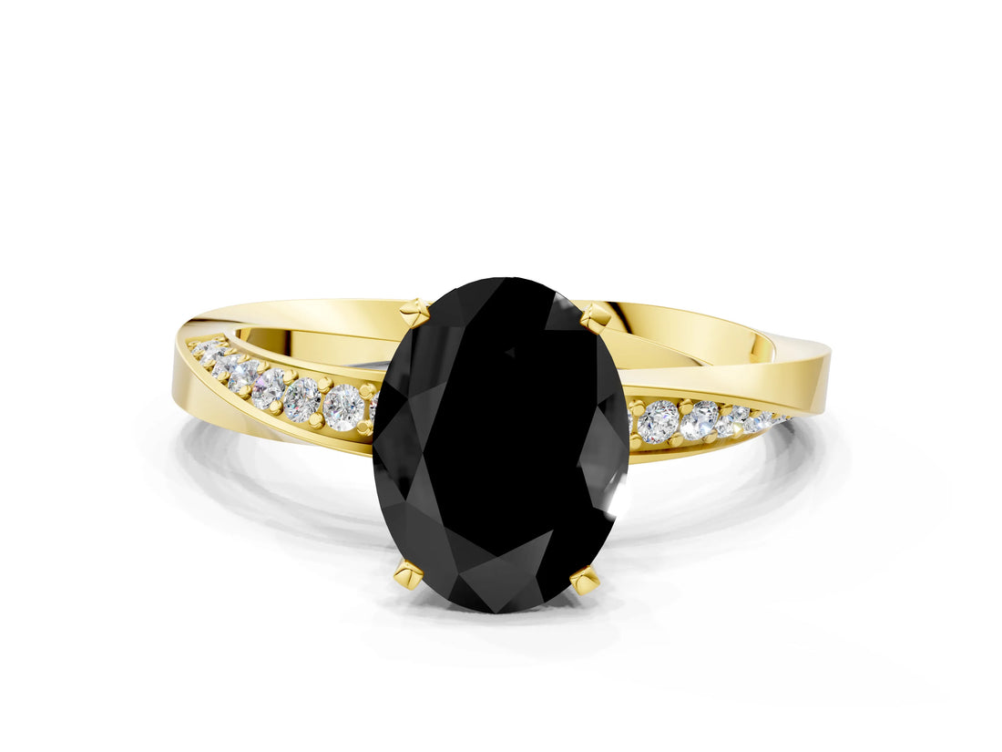 Yellow gold Fancy Black Oval Cut Diamond Engagement Ring with Side Stone Accents and Four-Prong Setting_12