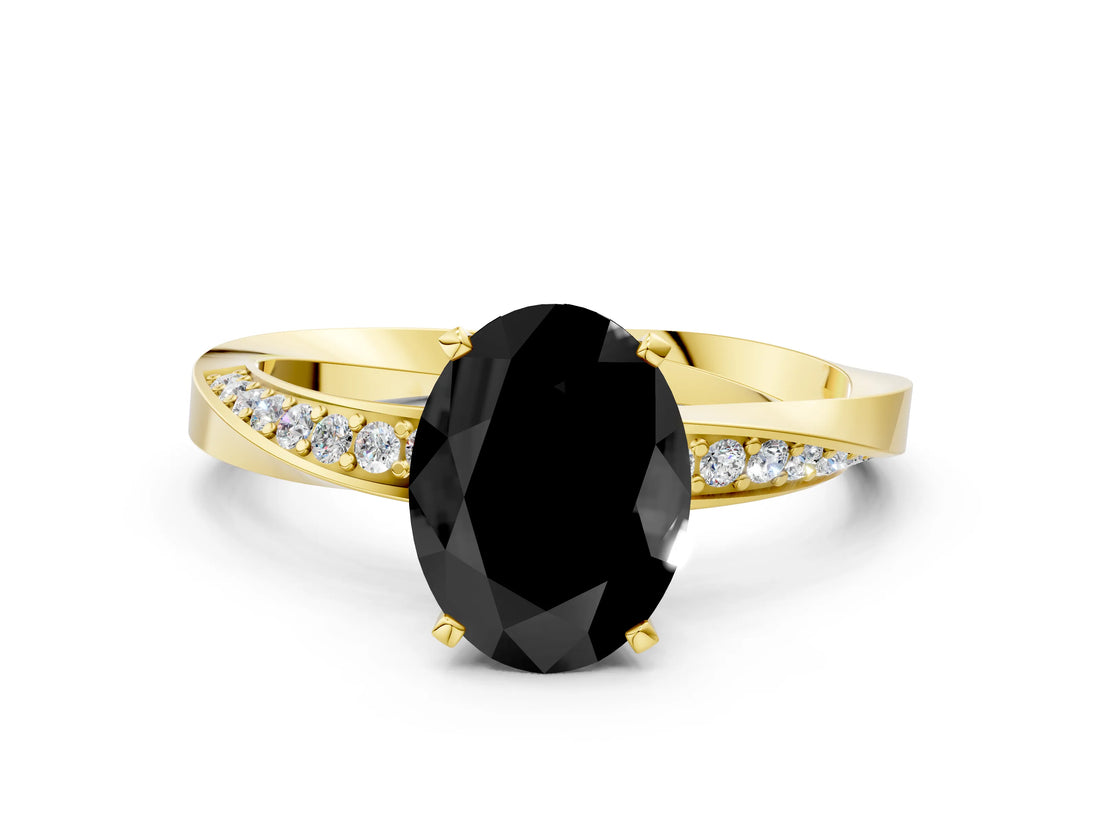 Yellow gold Fancy Black Oval Cut Diamond Engagement Ring with Side Stone Accents and Four-Prong Setting_12