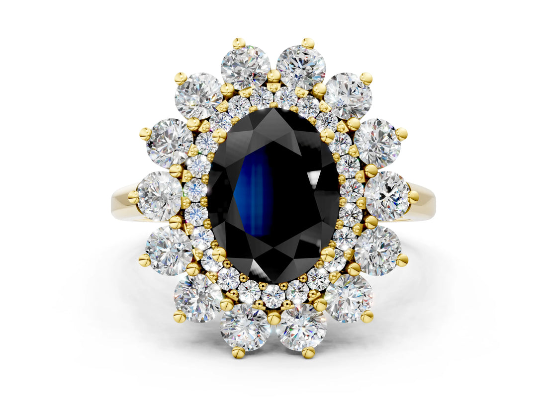 Yellow gold Fancy Black Oval Cut Diamond Floral Double Halo Engagement Ring with Prong Setting_24