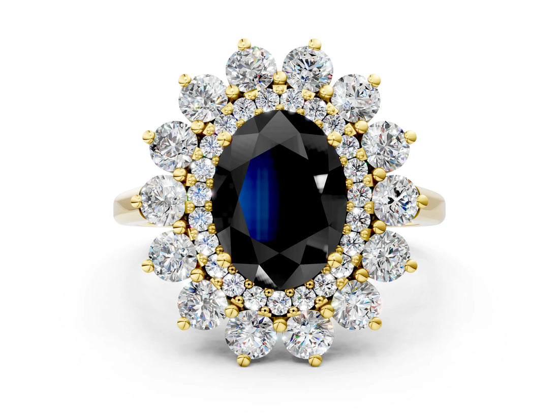 Yellow gold Fancy Black Oval Cut Diamond Floral Double Halo Engagement Ring with Prong Setting_84