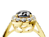 Yellow gold Fancy Black Oval Cut Diamond Floral Halo Ring with Pavé Band and Prong Setting_7
