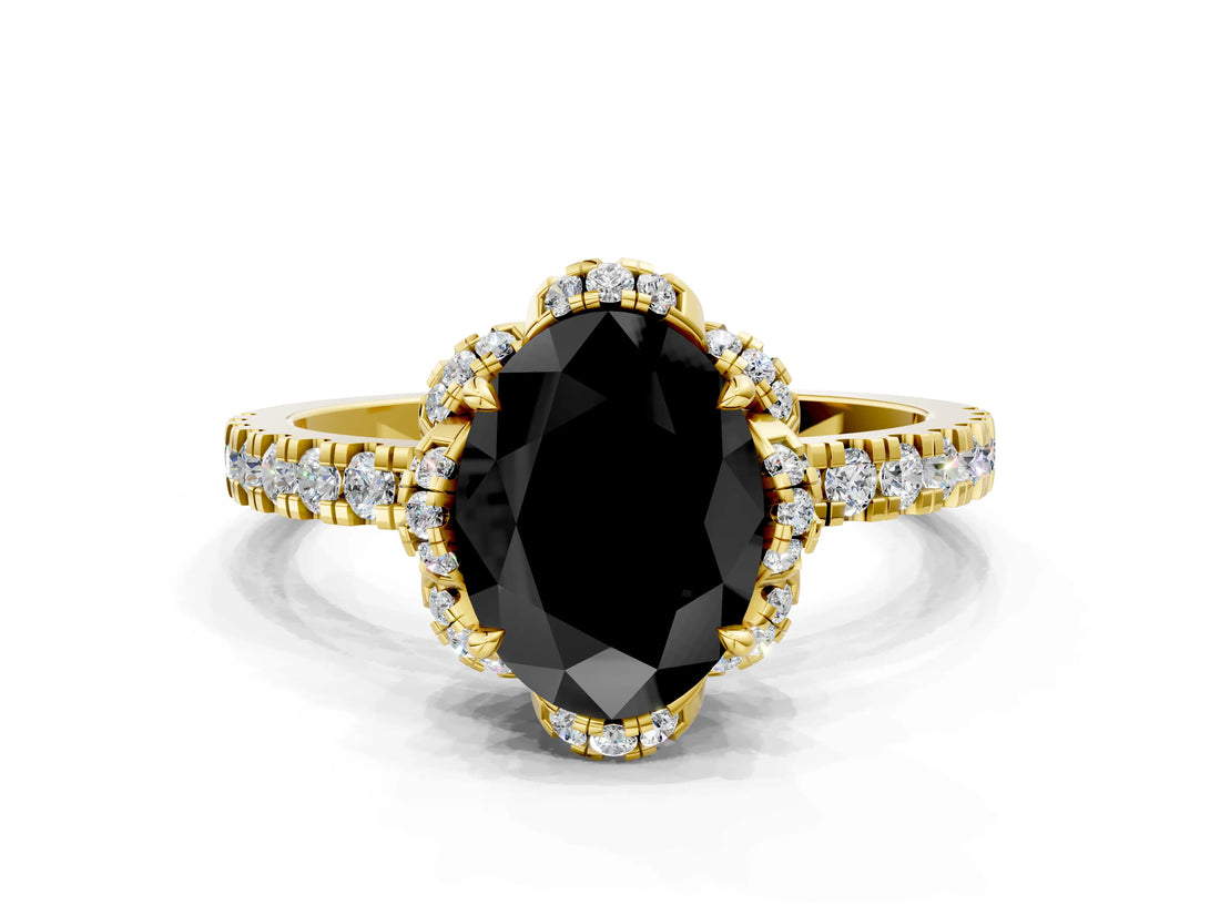 Yellow gold Fancy Black Oval Cut Diamond Halo Pave Band with Four-Prong Setting_3