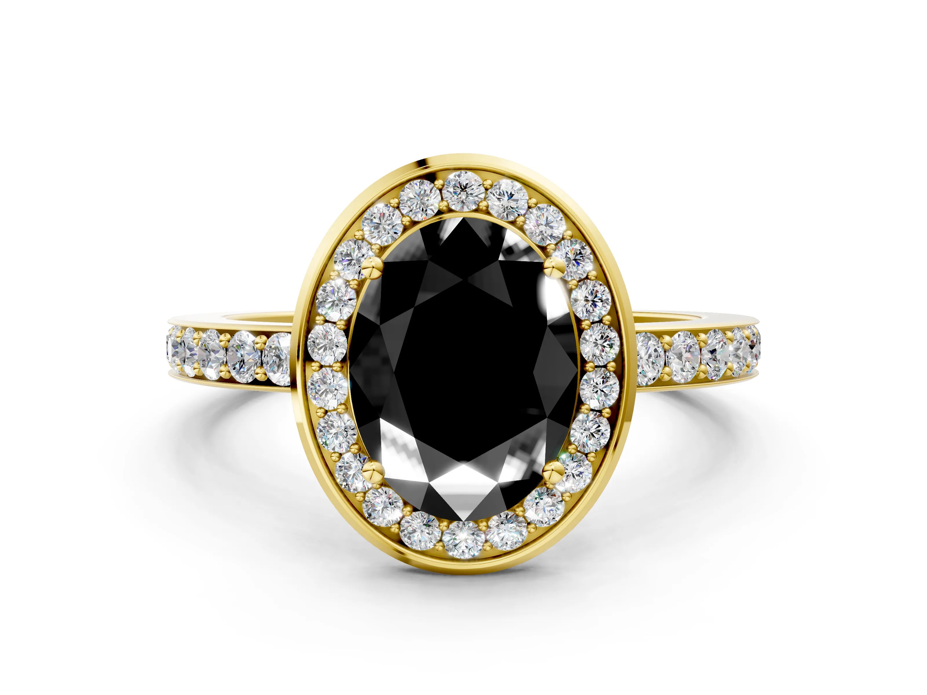 Yellow gold Fancy Black Oval Cut Diamond Halo Ring with Bezel Frame and Pavé Band