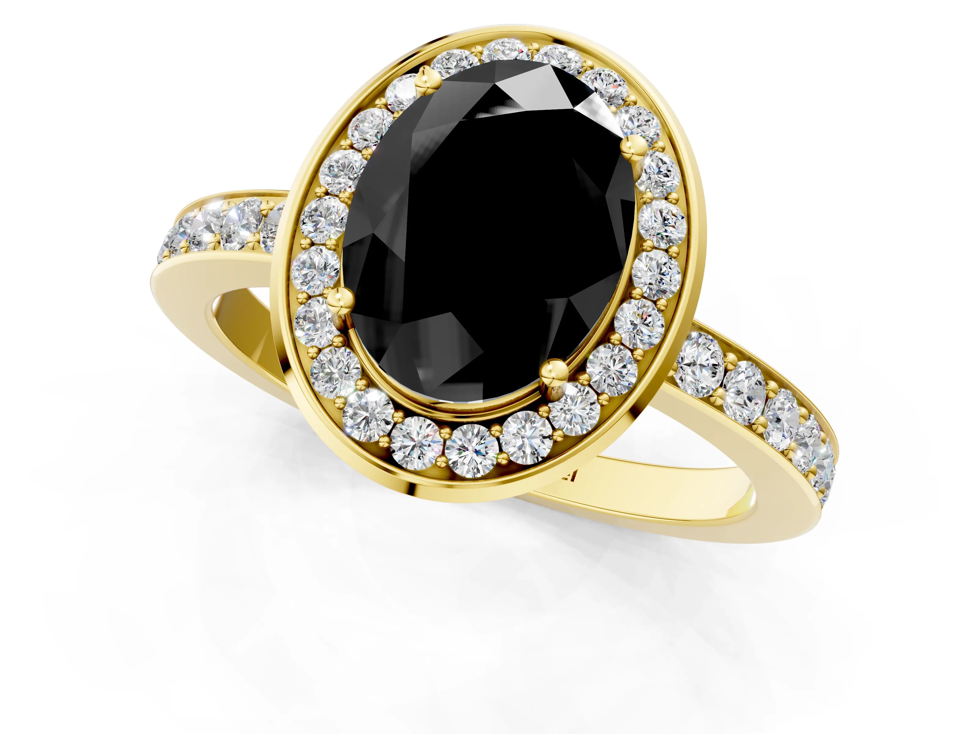 Yellow gold Fancy Black Oval Cut Diamond Halo Ring with Bezel Frame and Pavé Band_1