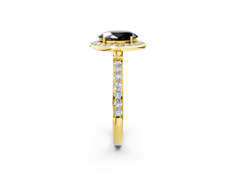 Yellow gold Fancy Black Oval Cut Diamond Halo Ring with Bezel Frame and Pavé Band_2