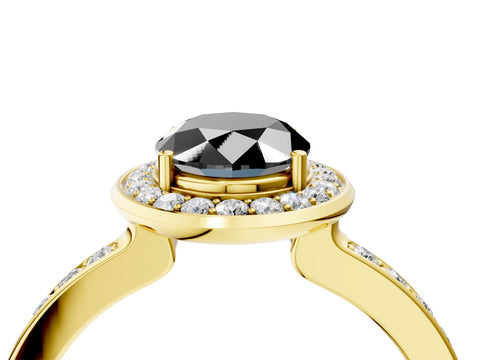 Yellow gold Fancy Black Oval Cut Diamond Halo Ring with Bezel Frame and Pavé Band_4