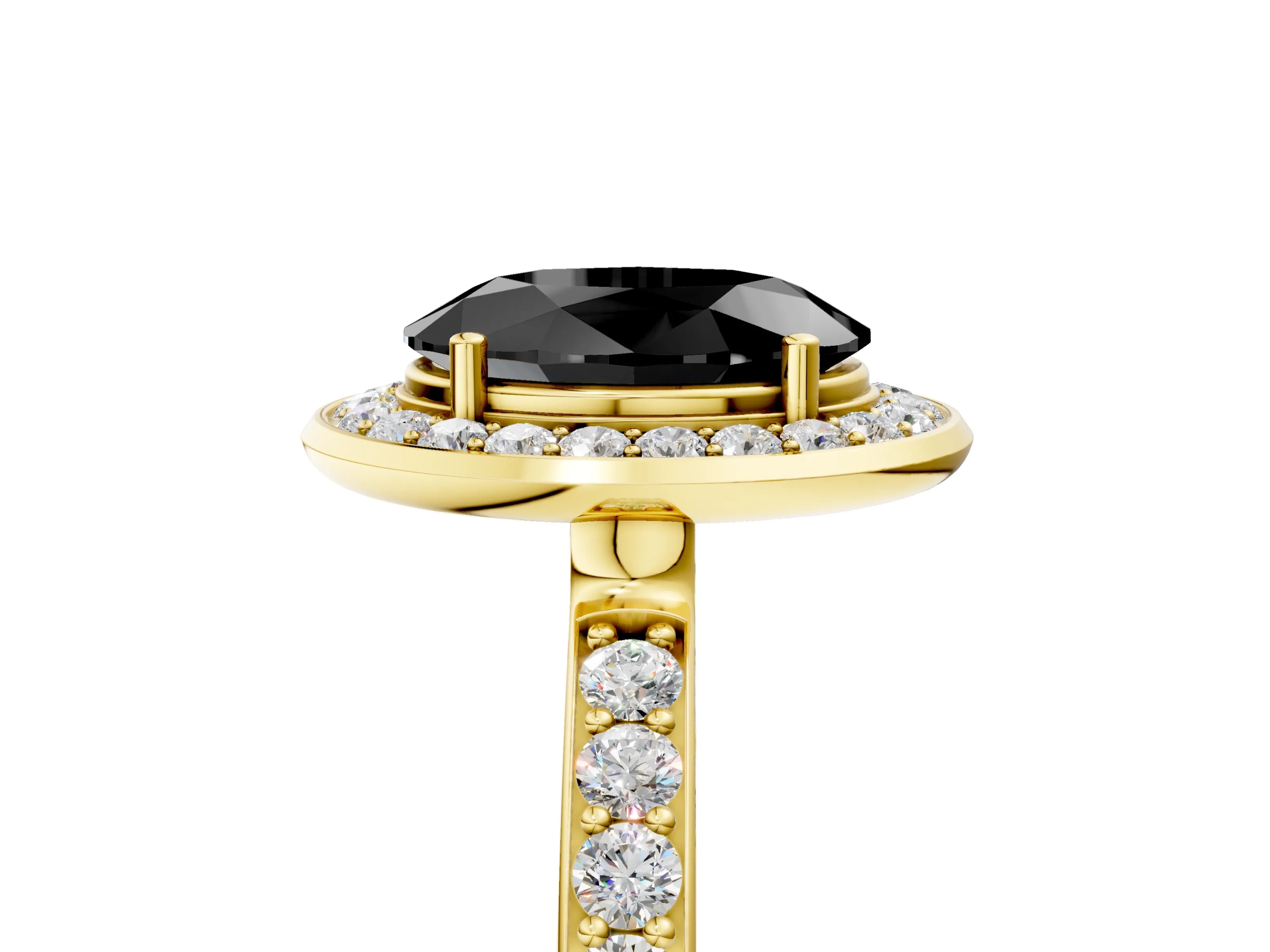 Yellow gold Fancy Black Oval Cut Diamond Halo Ring with Bezel Frame and Pavé Band_5