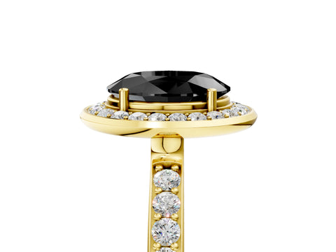 Yellow gold Fancy Black Oval Cut Diamond Halo Ring with Bezel Frame and Pavé Band_5