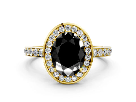 Yellow gold Fancy Black Oval Cut Diamond Halo Ring with Bezel Frame and Pavé Band