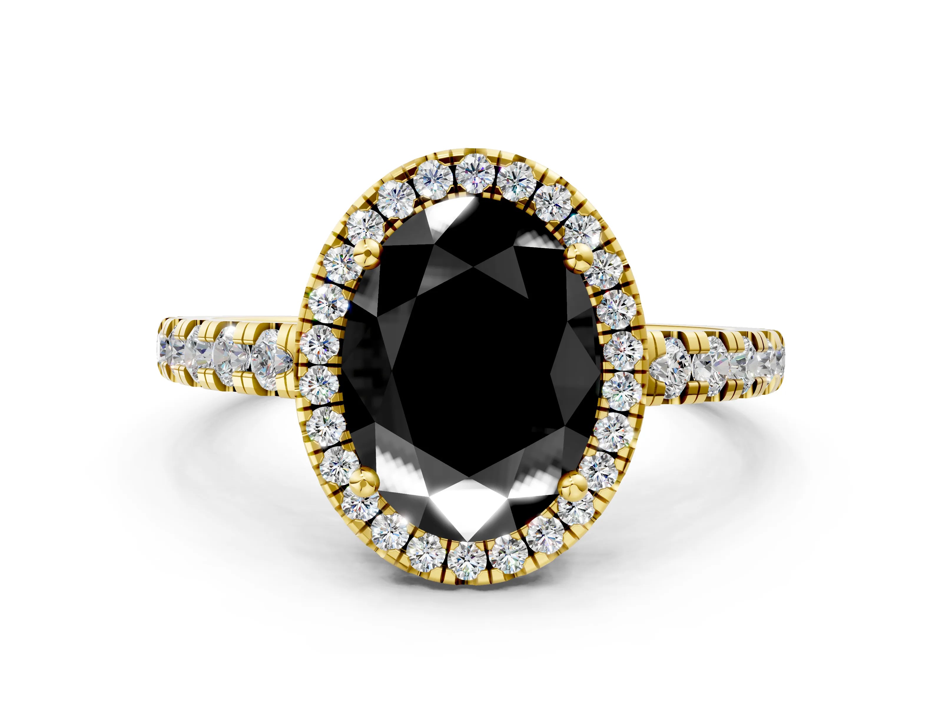 Yellow gold Fancy Black Oval Cut Diamond Halo Ring with Pavé Band and Four-Prong Setting