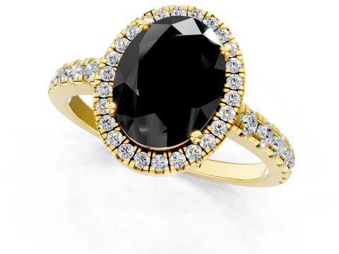 Yellow gold Fancy Black Oval Cut Diamond Halo Ring with Pavé Band and Four-Prong Setting_1