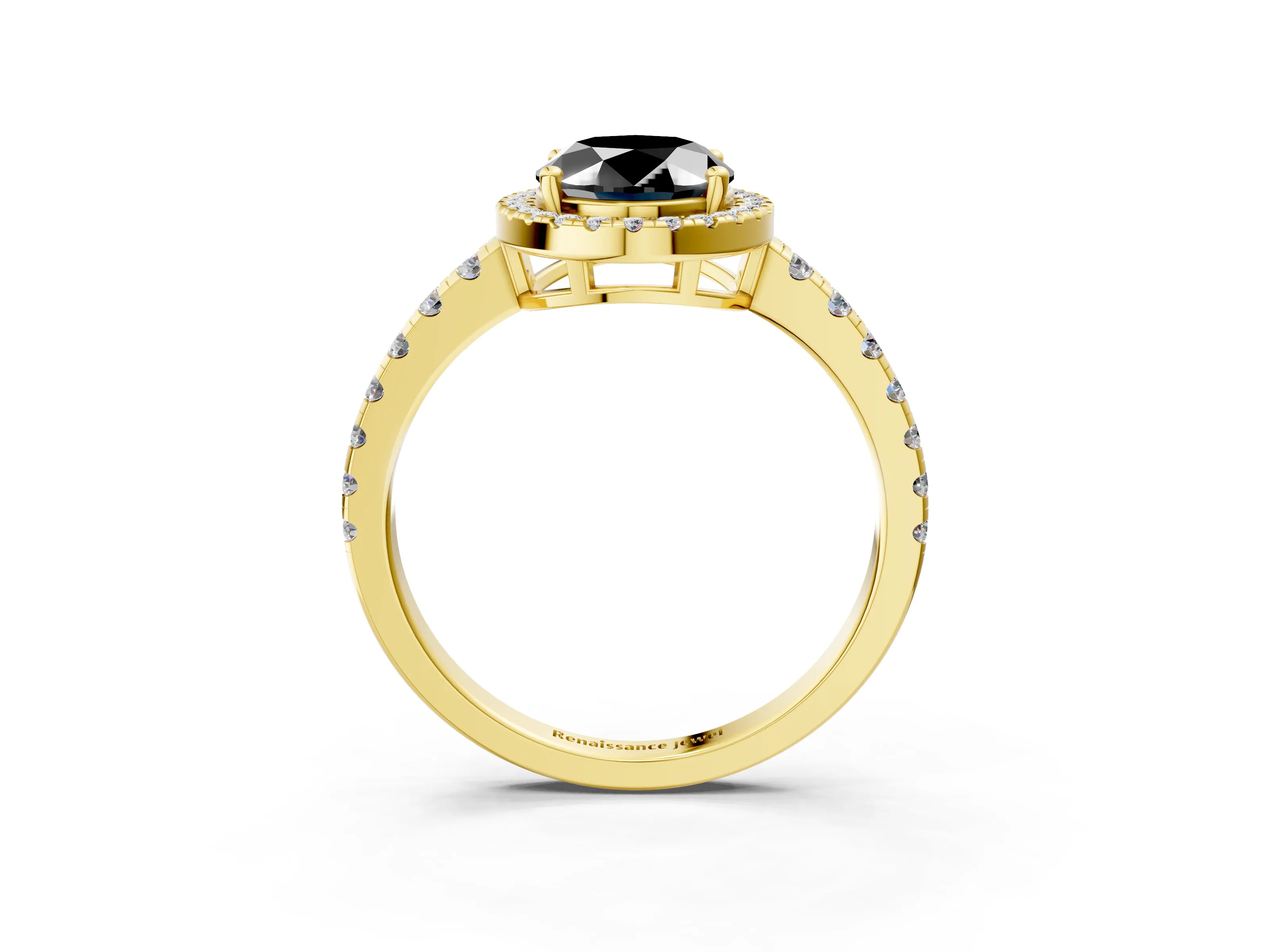 Yellow gold Fancy Black Oval Cut Diamond Halo Ring with Pavé Band and Four-Prong Setting_3