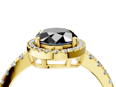 Yellow gold Fancy Black Oval Cut Diamond Halo Ring with Pavé Band and Four-Prong Setting_4