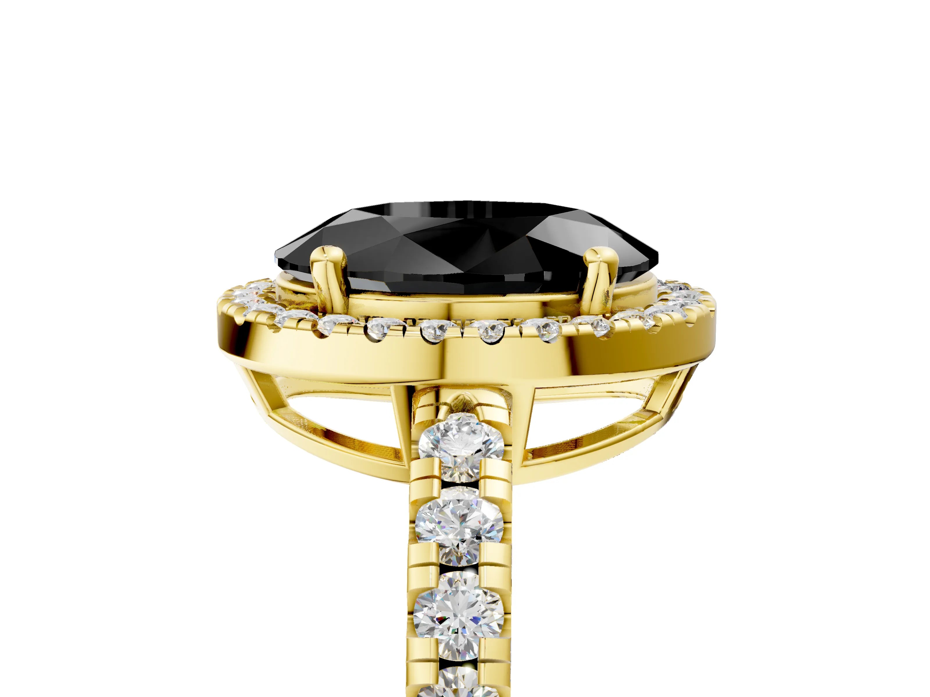 Yellow gold Fancy Black Oval Cut Diamond Halo Ring with Pavé Band and Four-Prong Setting_5