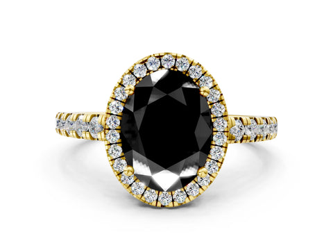 Yellow gold Fancy Black Oval Cut Diamond Halo Ring with Pavé Band and Four-Prong Setting