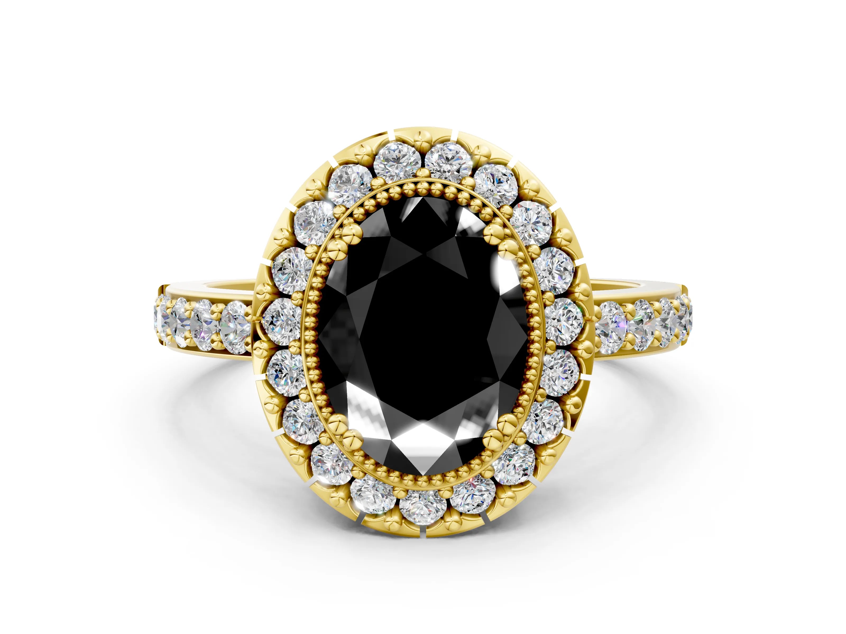 Yellow gold Fancy Black Oval Cut Diamond Halo Ring with Pavé Band and Prong Setting