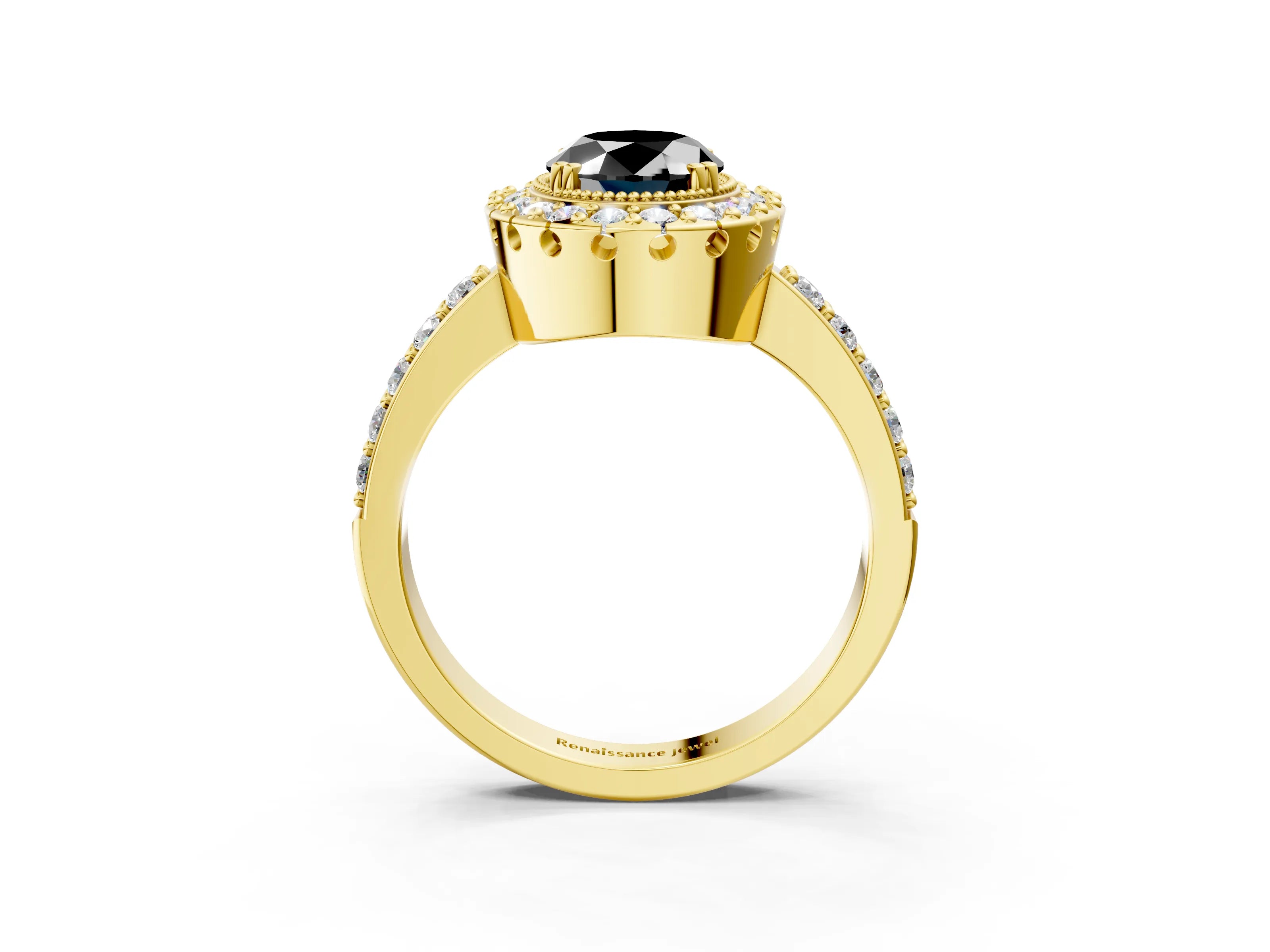 Yellow gold Fancy Black Oval Cut Diamond Halo Ring with Pavé Band and Prong Setting_3