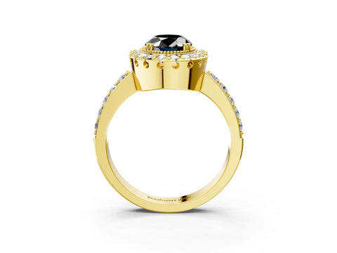 Yellow gold Fancy Black Oval Cut Diamond Halo Ring with Pavé Band and Prong Setting_3