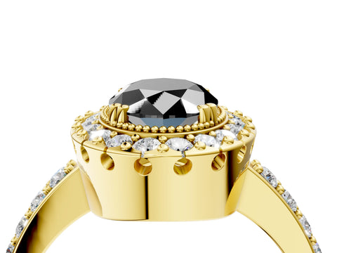 Yellow gold Fancy Black Oval Cut Diamond Halo Ring with Pavé Band and Prong Setting_4