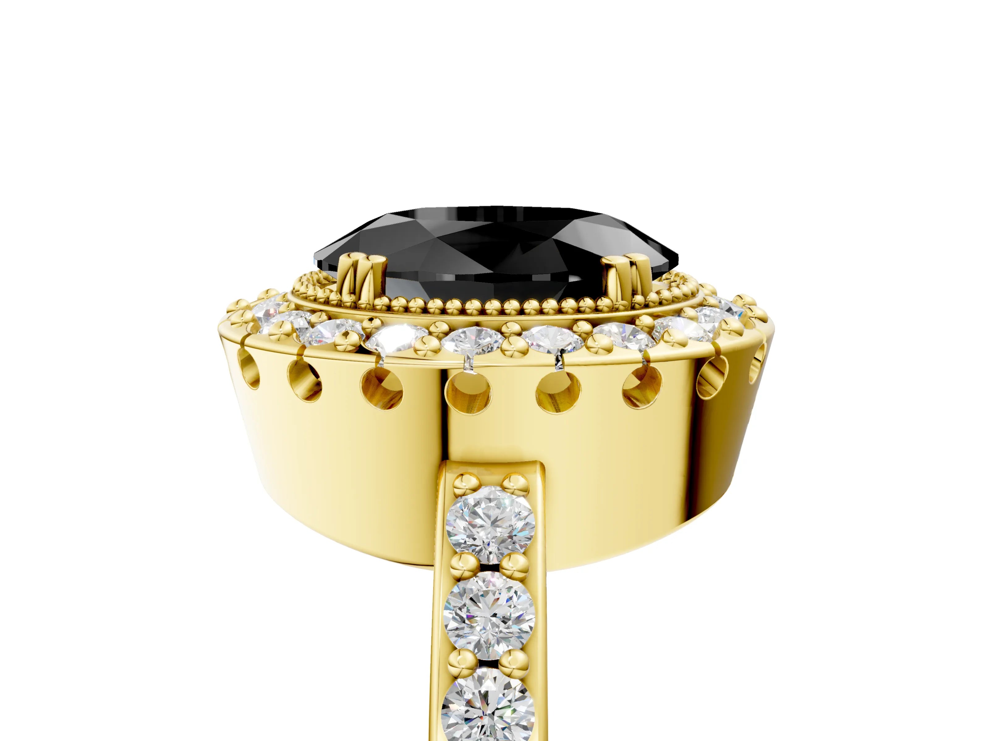 Yellow gold Fancy Black Oval Cut Diamond Halo Ring with Pavé Band and Prong Setting_5