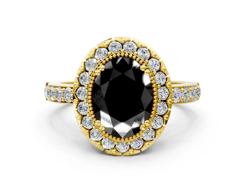 Yellow gold Fancy Black Oval Cut Diamond Halo Ring with Pavé Band and Prong Setting