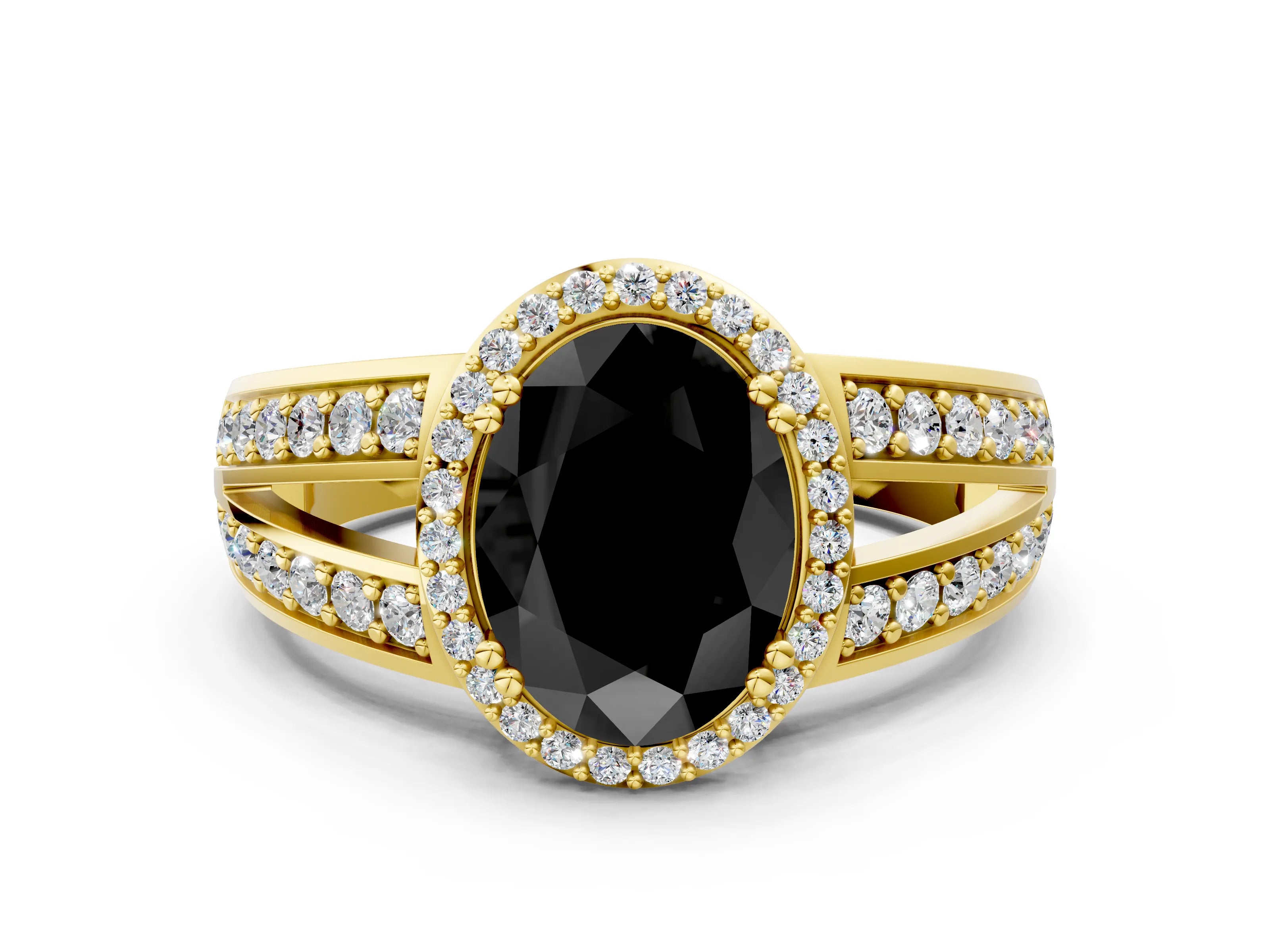 Yellow gold Fancy Black Oval Cut Diamond Halo Ring with Split Shank Pavé Band and Four-Prong Setting
