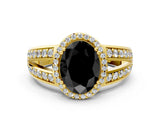 Yellow gold Fancy Black Oval Cut Diamond Halo Ring with Split Shank Pavé Band and Four-Prong Setting