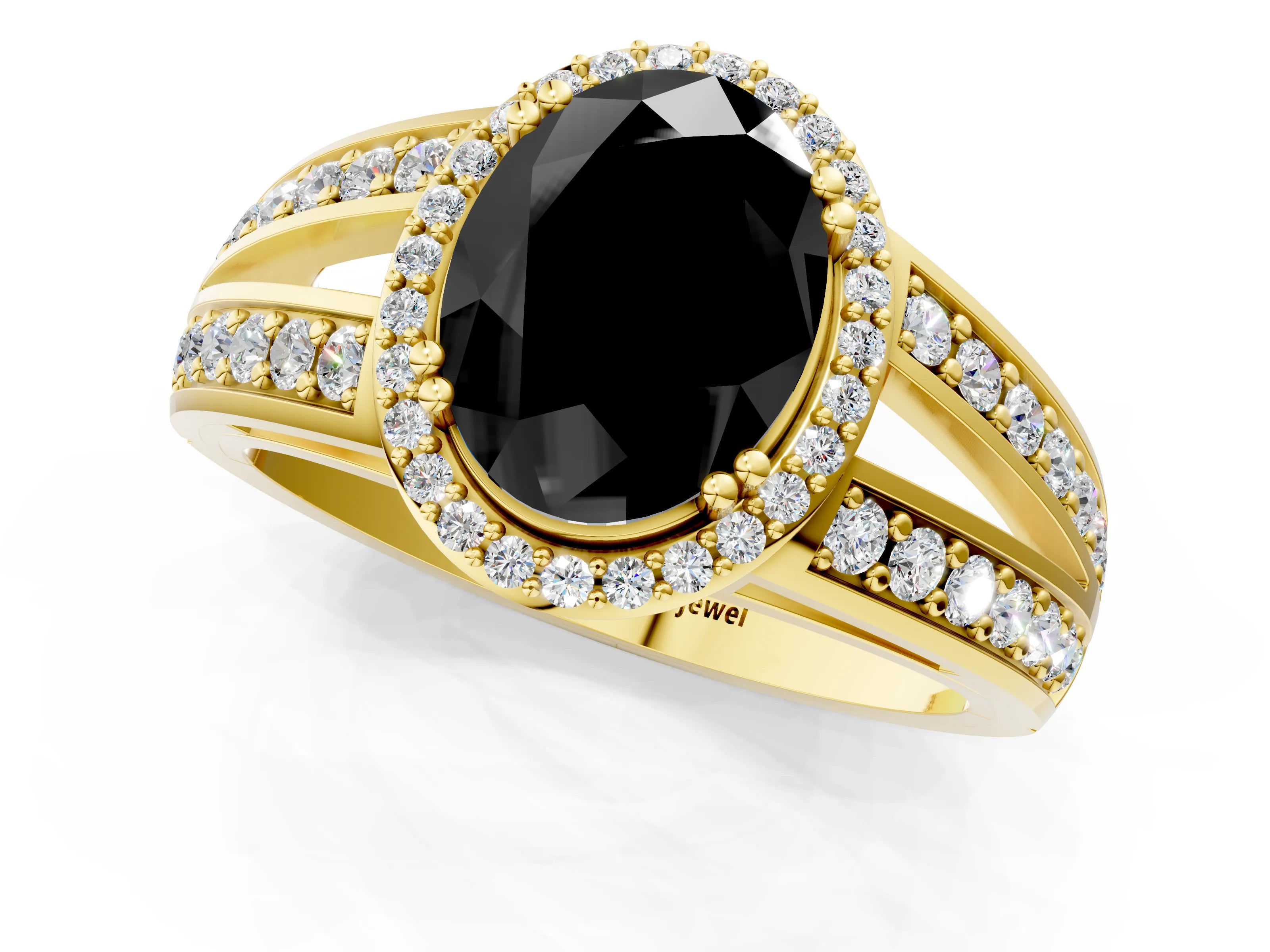Yellow gold Fancy Black Oval Cut Diamond Halo Ring with Split Shank Pavé Band and Four-Prong Setting_1