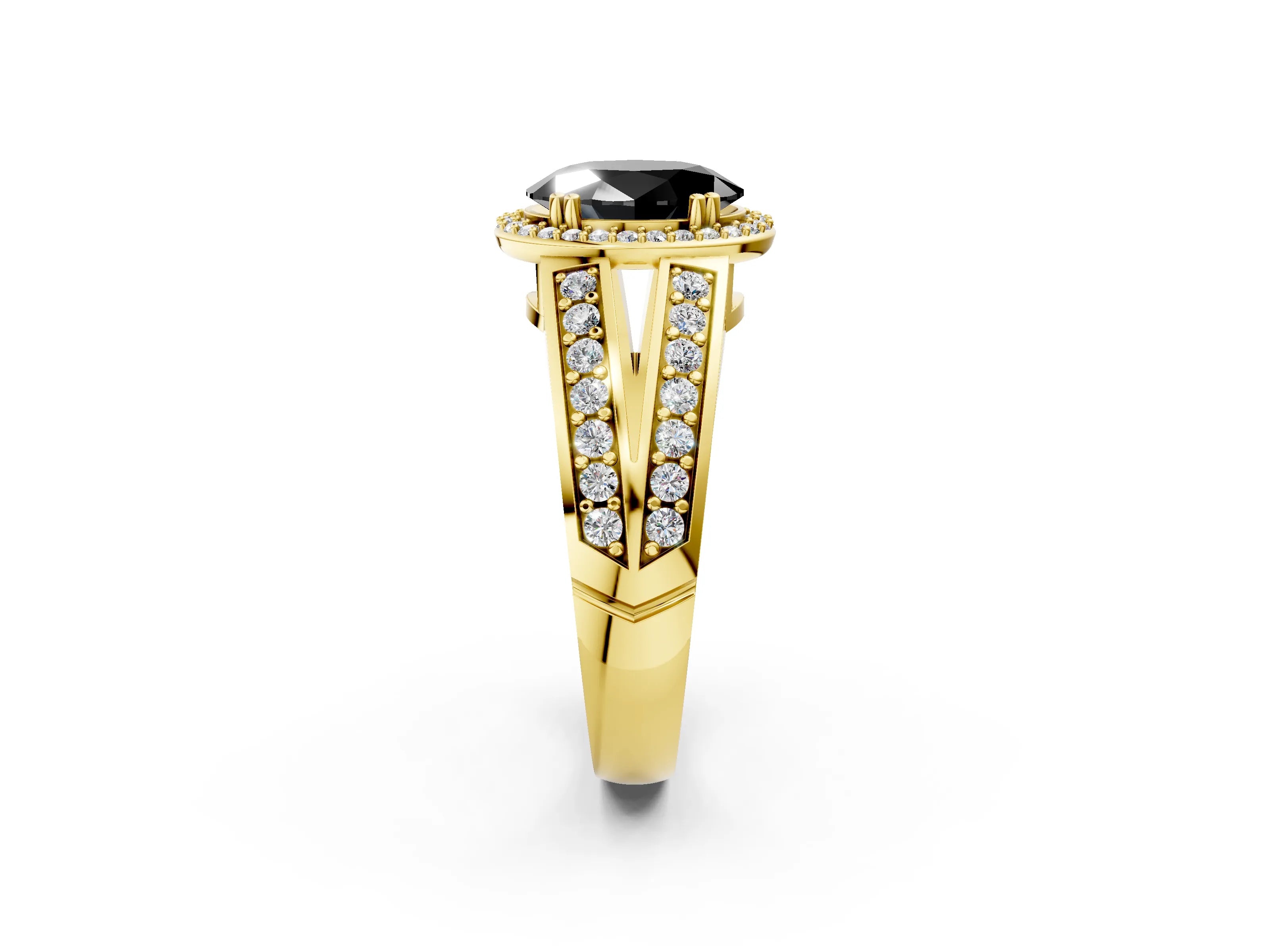 Yellow gold Fancy Black Oval Cut Diamond Halo Ring with Split Shank Pavé Band and Four-Prong Setting_2