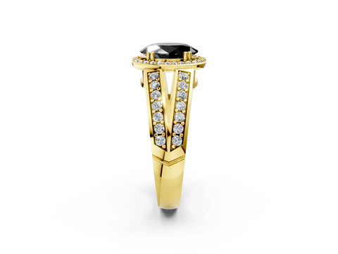 Yellow gold Fancy Black Oval Cut Diamond Halo Ring with Split Shank Pavé Band and Four-Prong Setting_2