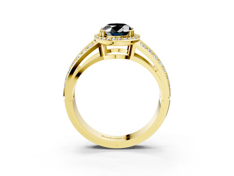 Yellow gold Fancy Black Oval Cut Diamond Halo Ring with Split Shank Pavé Band and Four-Prong Setting_3