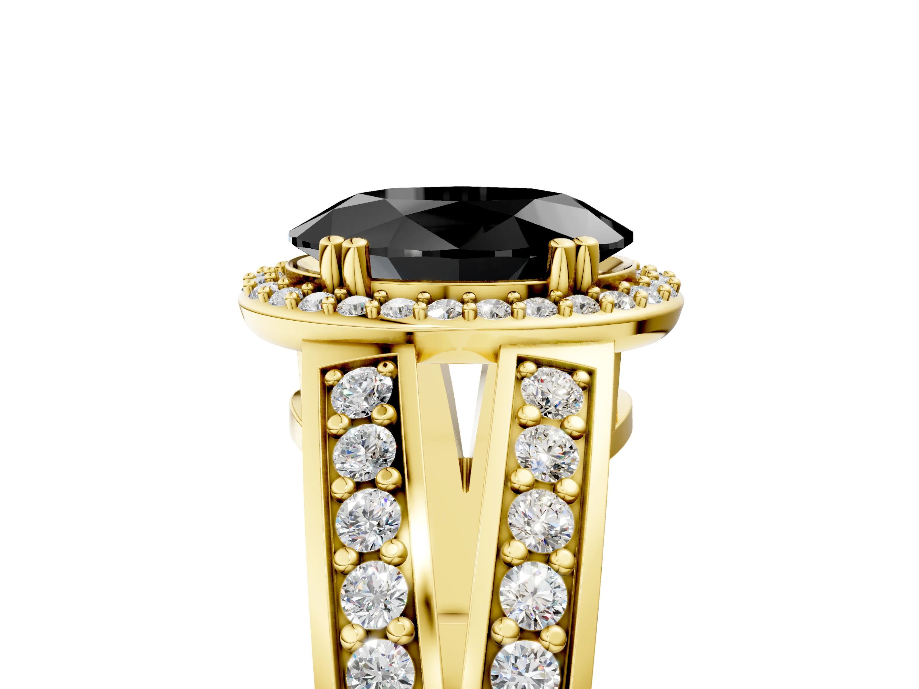 Yellow gold Fancy Black Oval Cut Diamond Halo Ring with Split Shank Pavé Band and Four-Prong Setting_5