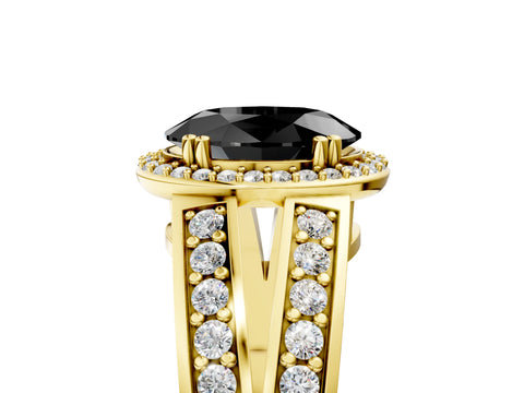 Yellow gold Fancy Black Oval Cut Diamond Halo Ring with Split Shank Pavé Band and Four-Prong Setting_5