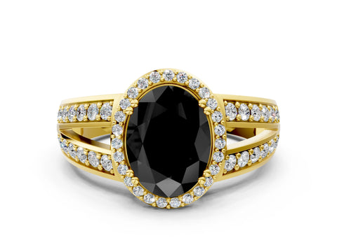 Yellow gold Fancy Black Oval Cut Diamond Halo Ring with Split Shank Pavé Band and Four-Prong Setting