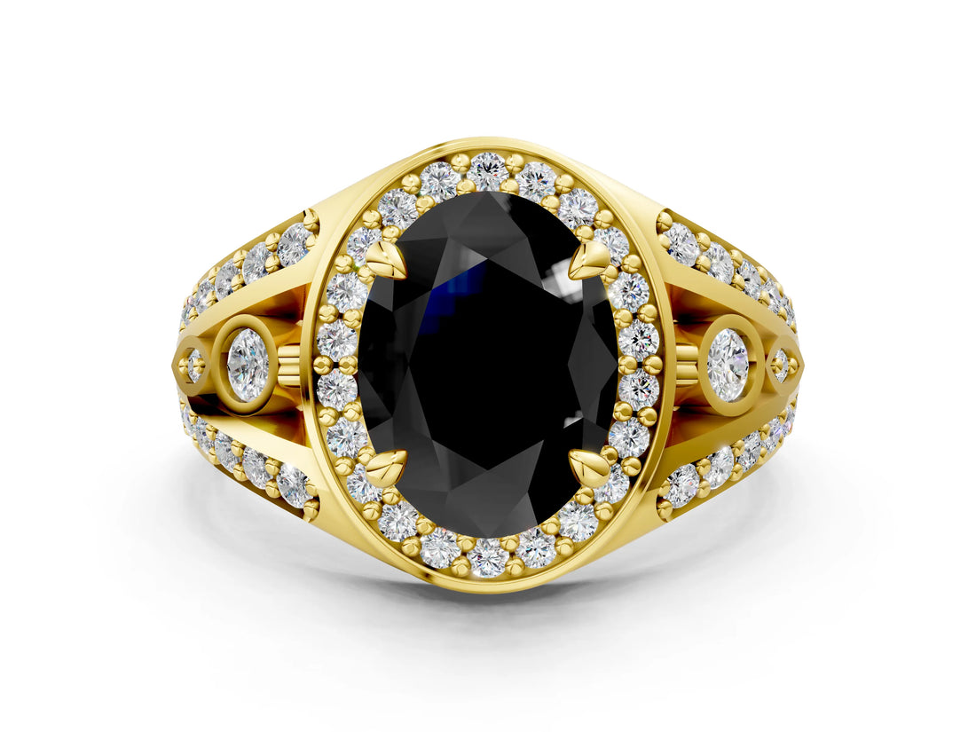 Yellow gold Fancy Black Oval Cut Diamond Halo Ring with Split Shank and Bezel Accents and Four-Prong Setting
