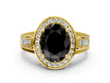 Yellow gold Fancy Black Oval Cut Diamond Halo Ring with Split Shank and Bezel Accents and Prong Setting