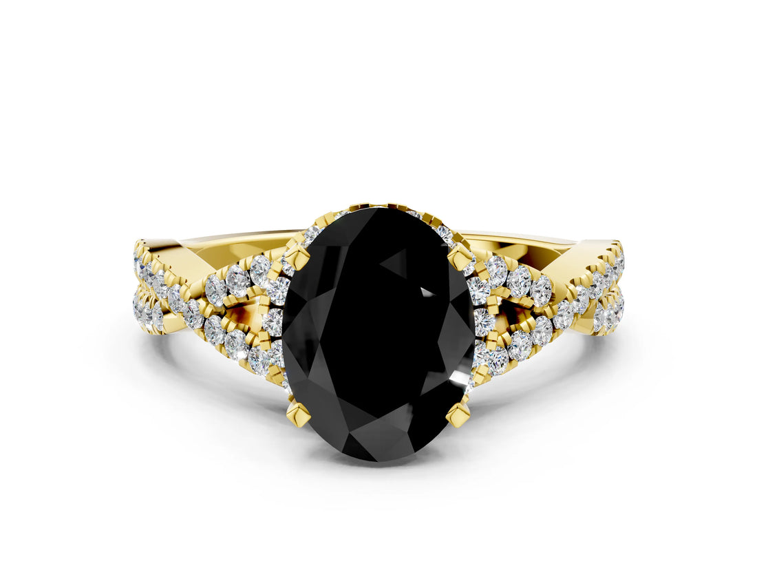 Yellow gold Fancy Black Oval Cut Diamond Halo Twist Band Solitaire Prong Setting Ring