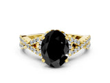 Yellow gold Fancy Black Oval Cut Diamond Halo Twist Band Solitaire Prong Setting Ring