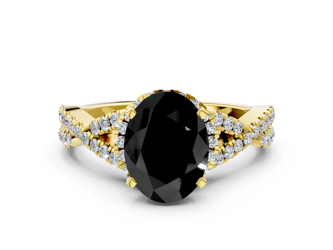 Yellow gold Fancy Black Oval Cut Diamond  Halo Twist Band Solitaire Prong Setting Ring_36