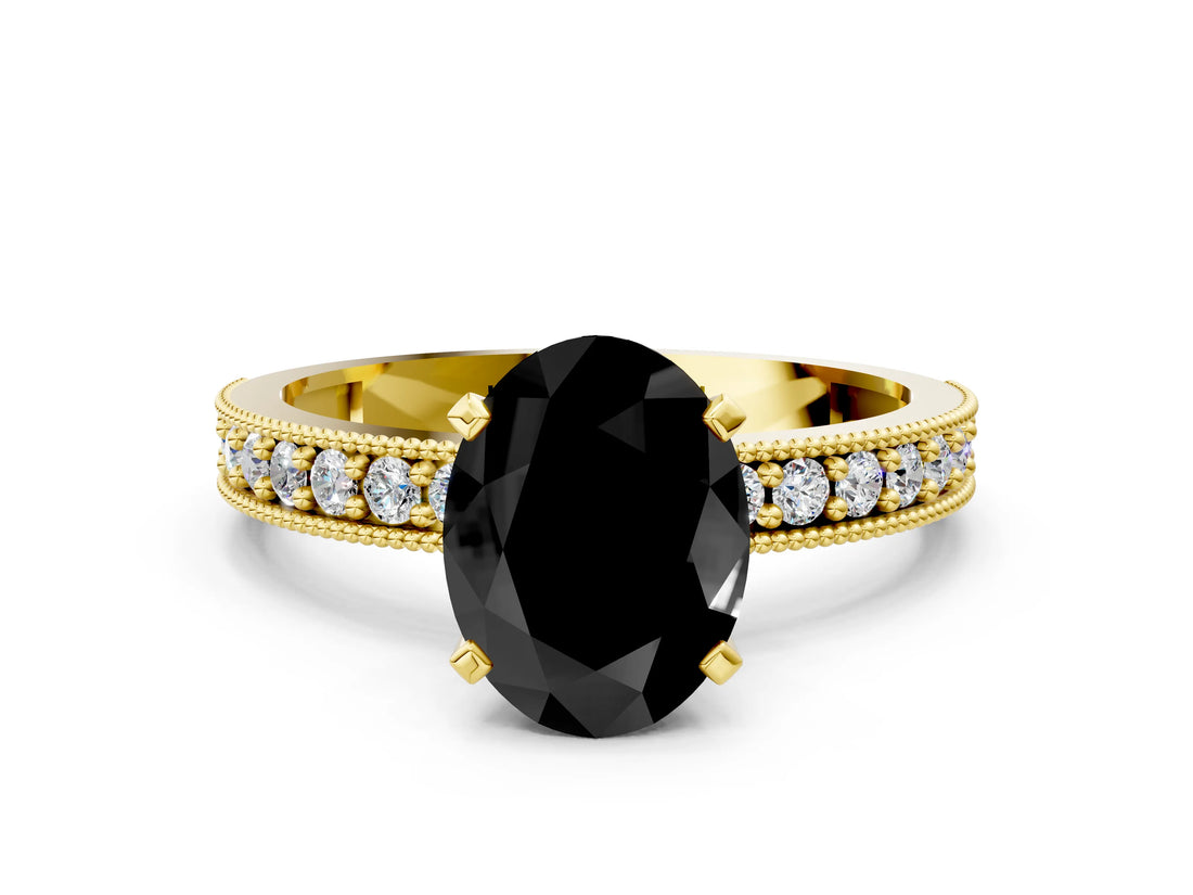 Yellow gold Fancy Black Oval Cut Diamond Milgrain Pavé Engagement Ring with Four-Prong Setting
