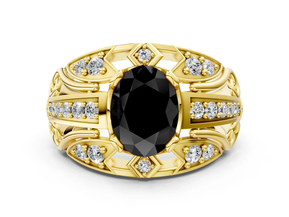Yellow gold Fancy Black Oval Cut Diamond Pave Art Deco Split Shank Ring with Four-Prong Setting