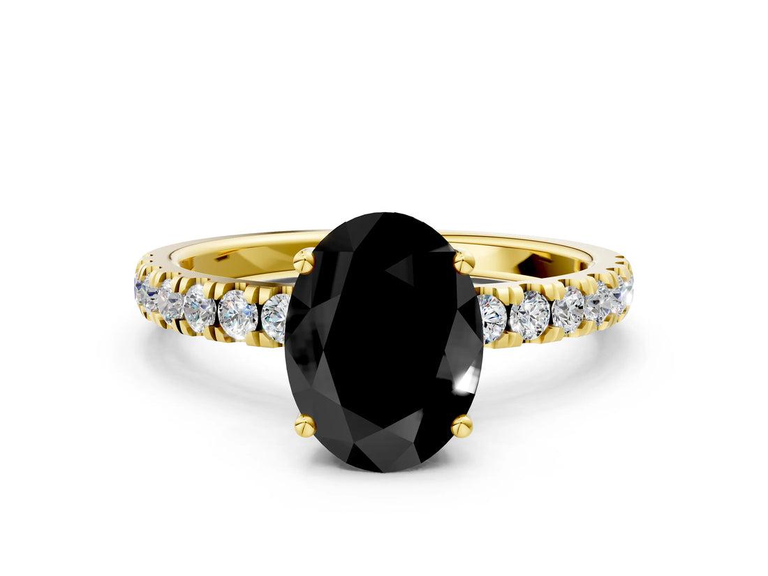 Yellow gold Fancy Black Oval Cut Diamond Pave Band Solitaire Ring with Four-Prong Setting_12