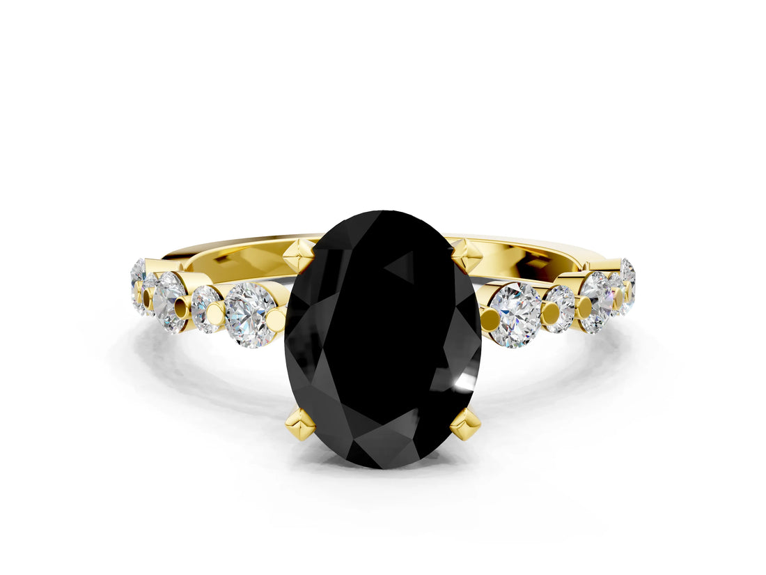 Yellow gold Fancy Black Oval Cut Diamond Prong Set Engagement Ring with Pave Band