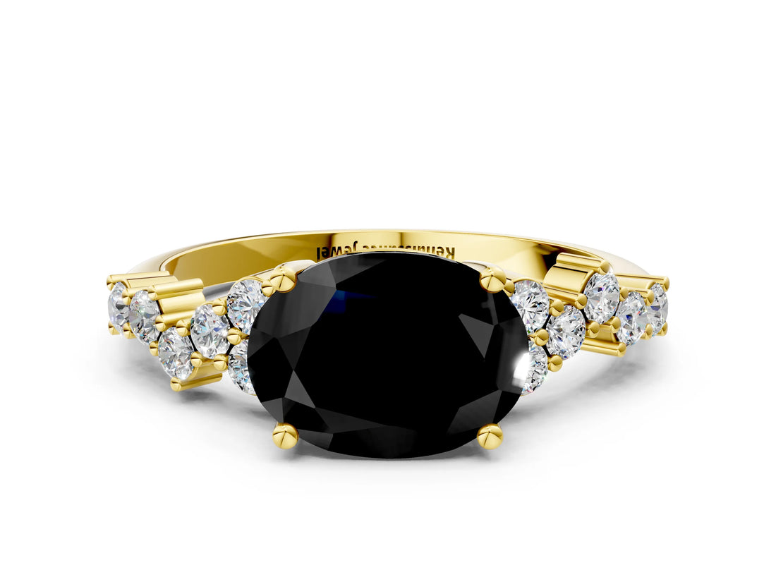 Yellow gold Fancy Black Oval Cut Diamond Scattered Round Accent Ring with Prong Setting_12
