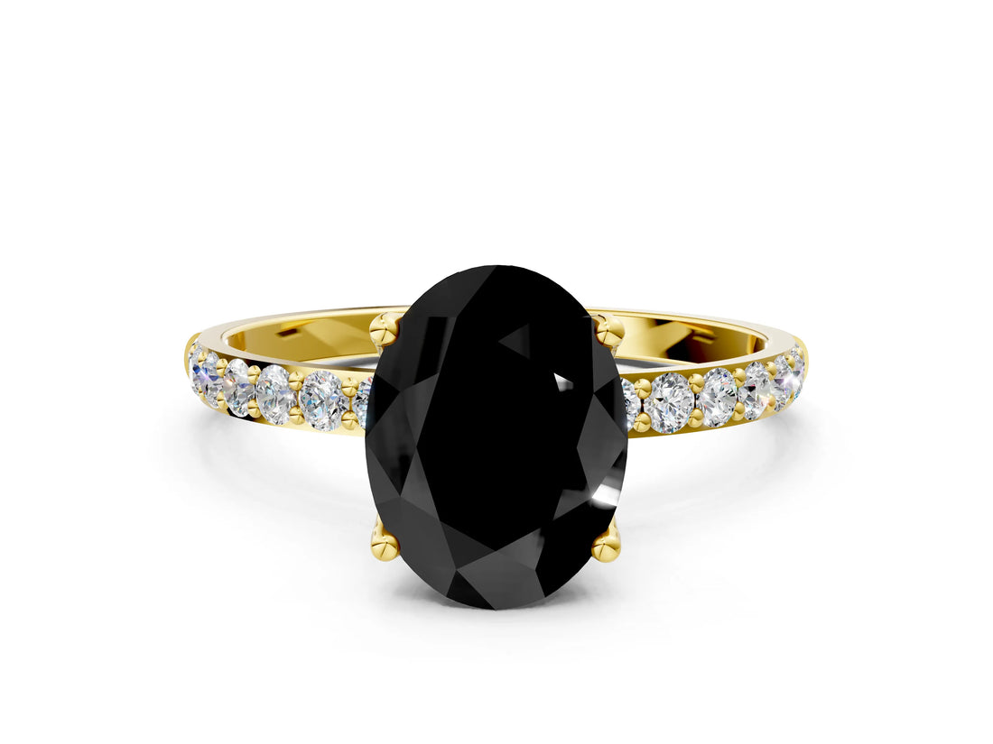 Yellow gold Fancy Black Oval Cut Diamond Solitaire Engagement Ring with Pavé Band and Prong Setting