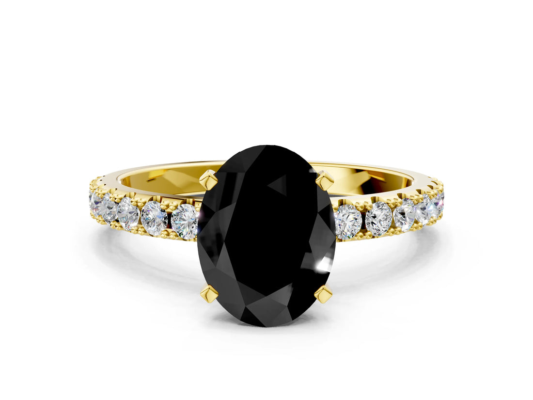 Yellow gold Fancy Black Oval Cut Diamond Solitaire Pavé Band with Four-Prong Setting